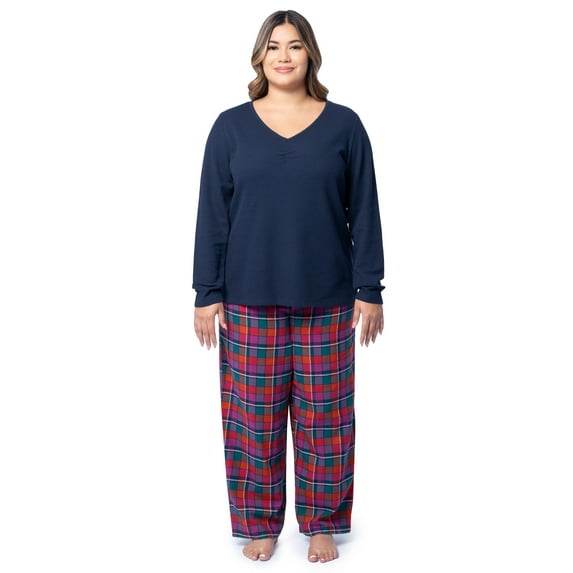 Fruit of the Loom Women's Beyond Soft Long Sleeve Waffle Top and Flannel Bottom Pajama Set, Sizes S-4X