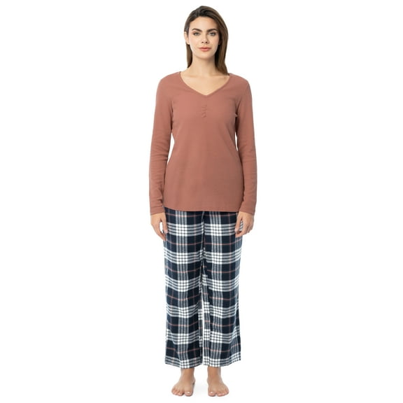 Fruit of the Loom Women's Beyond Soft Long Sleeve Waffle Top and Flannel Bottom Pajama Set, Sizes S-4X