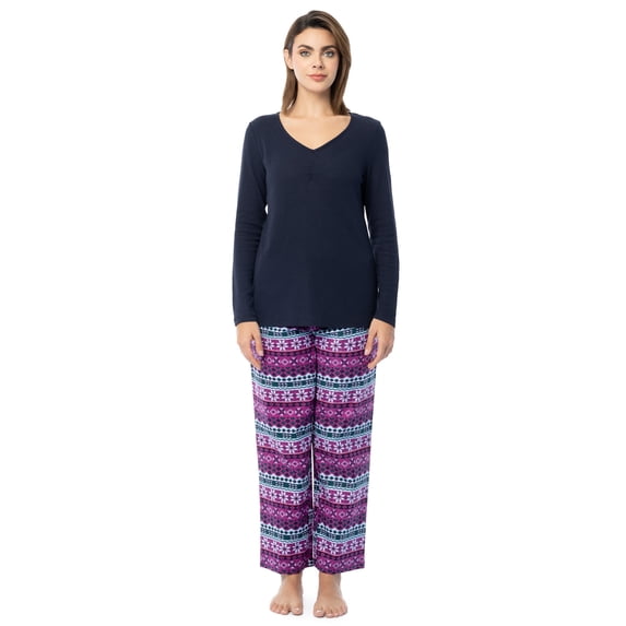 Fruit of the Loom Women's Beyond Soft Long Sleeve Waffle Top and Flannel Bottom Pajama Set, Sizes S-4X