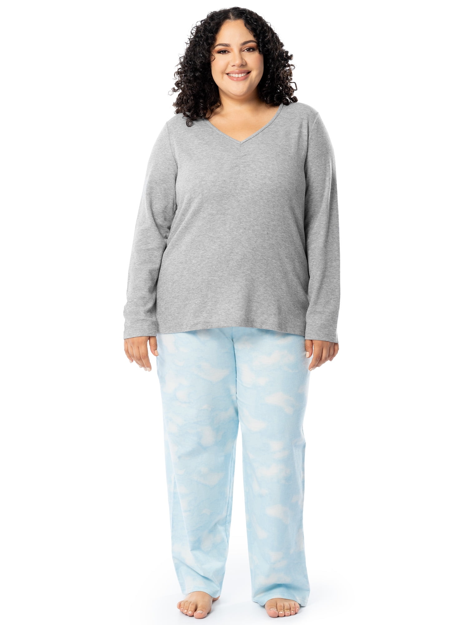 Fruit of the Loom Women's Beyond Soft Long Sleeve Waffle Top and Flannel Bottom Pajama Set, Sizes S-4X