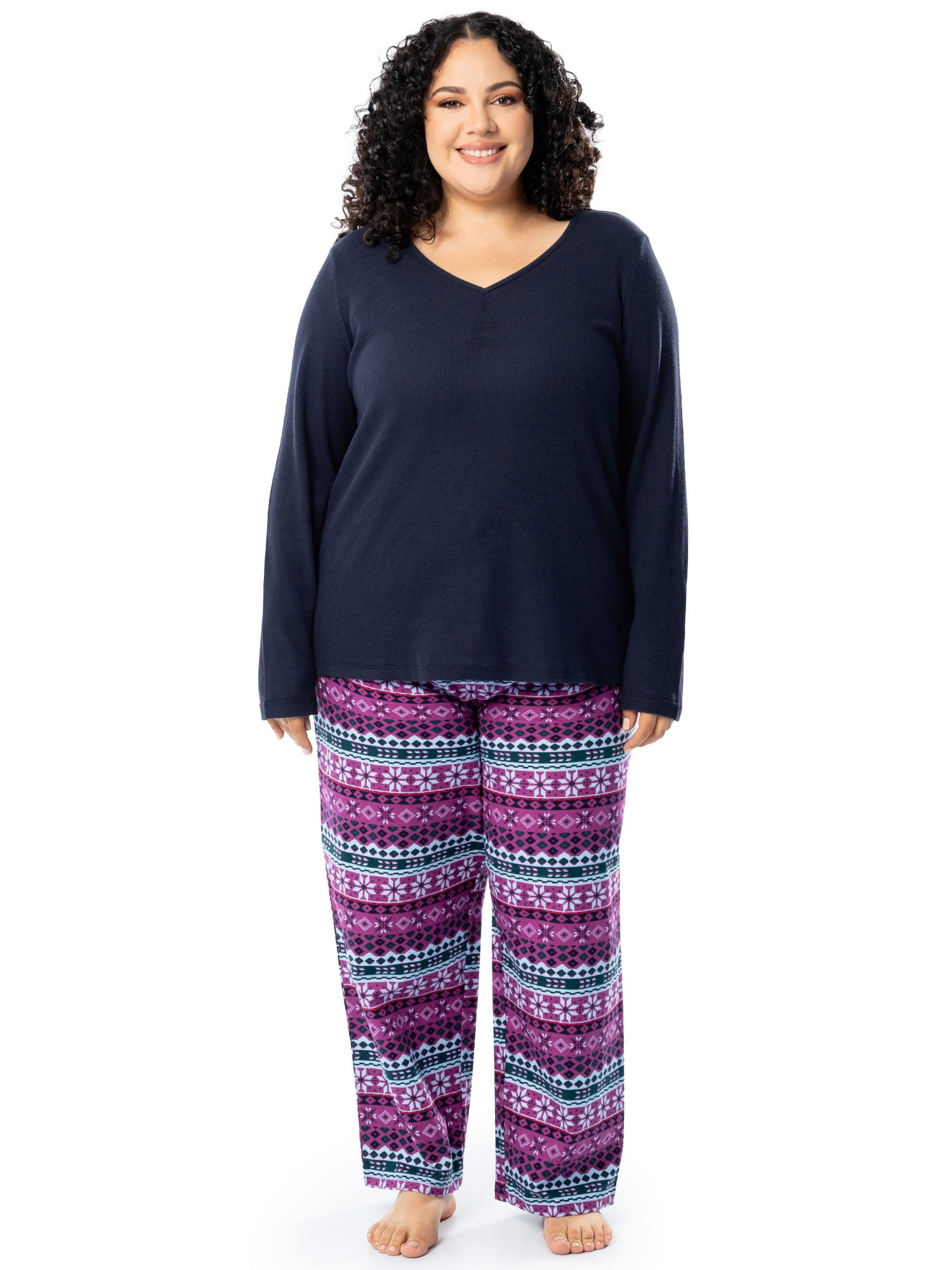 Fruit of the Loom Women's Beyond Soft Long Sleeve Waffle Top and Flannel Bottom Pajama Set, Sizes S-4X