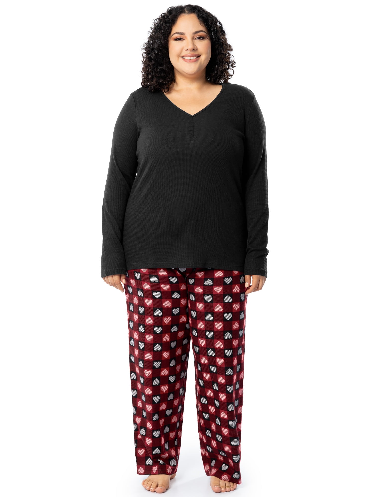 Fruit of the Loom Women's Beyond Soft Long Sleeve Waffle Top and Flannel Bottom Pajama Set, Sizes S-4X