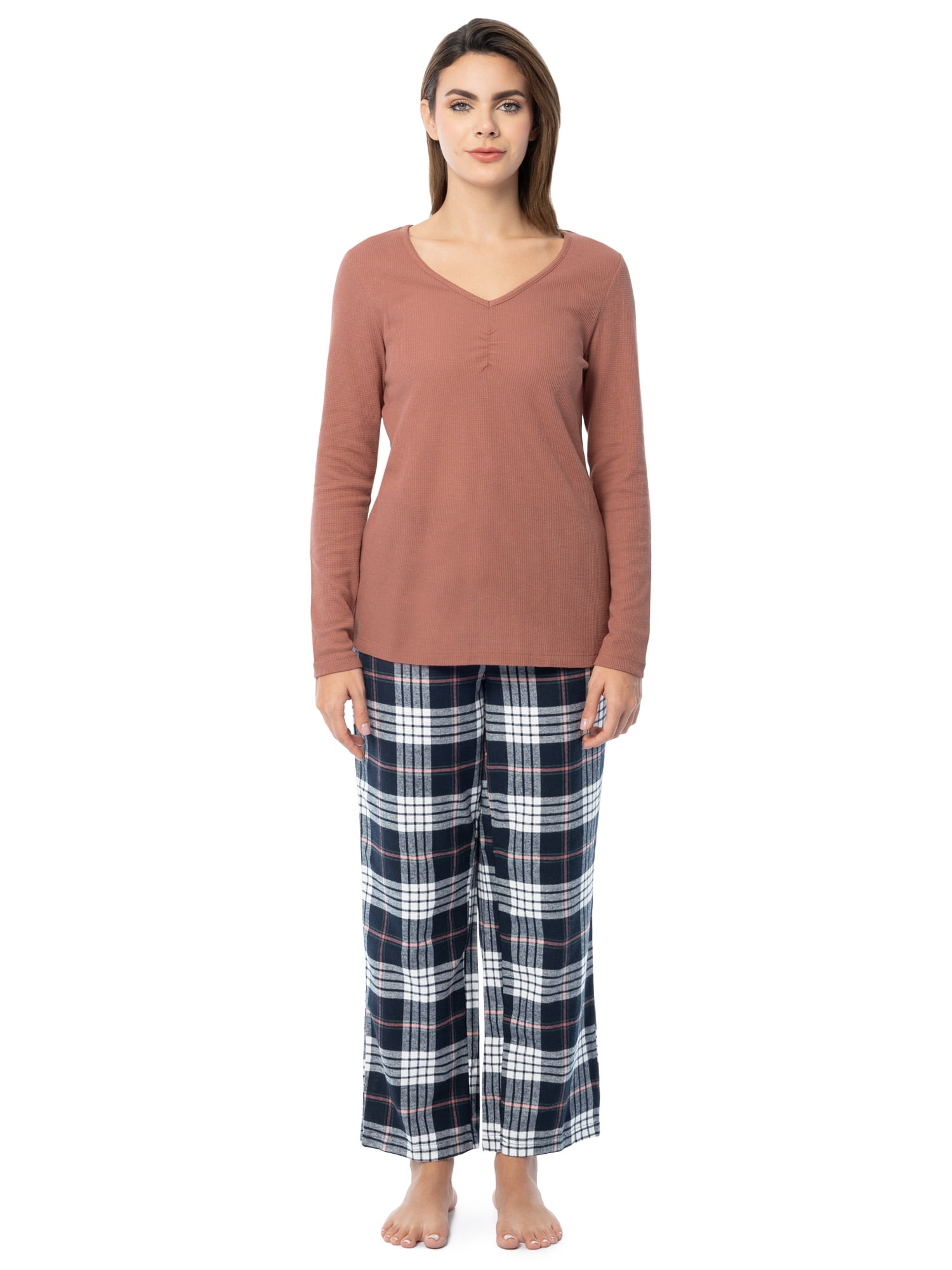 Fruit of the Loom Women's Beyond Soft Long Sleeve Waffle Top and Flannel Bottom Pajama Set, Sizes S-4X