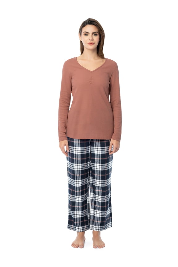 Women's Beyond Soft Long Sleeve Waffle Top and Flannel Bottom Pajama Set, Sizes S-4X