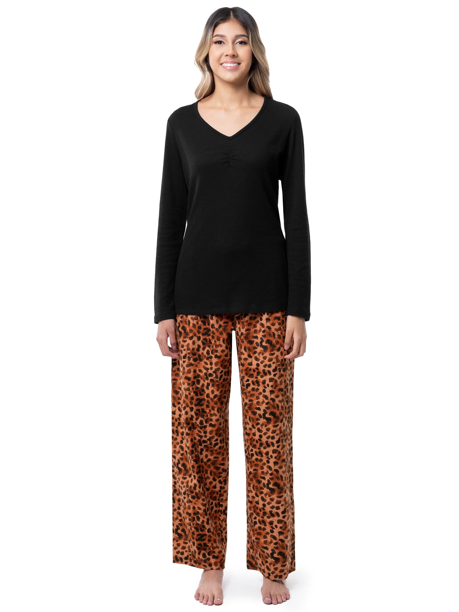 Fruit of the Loom Women's Beyond Soft Long Sleeve Waffle Top and Flannel Bottom Pajama Set, Sizes S-4X