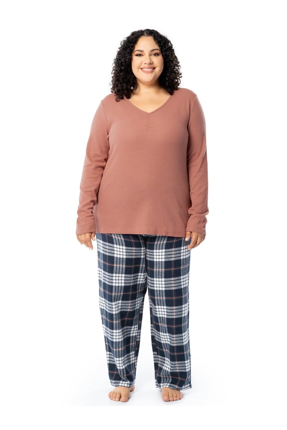 Women's Beyond Soft Long Sleeve Waffle Top and Flannel Bottom Pajama Set, Sizes S-4X