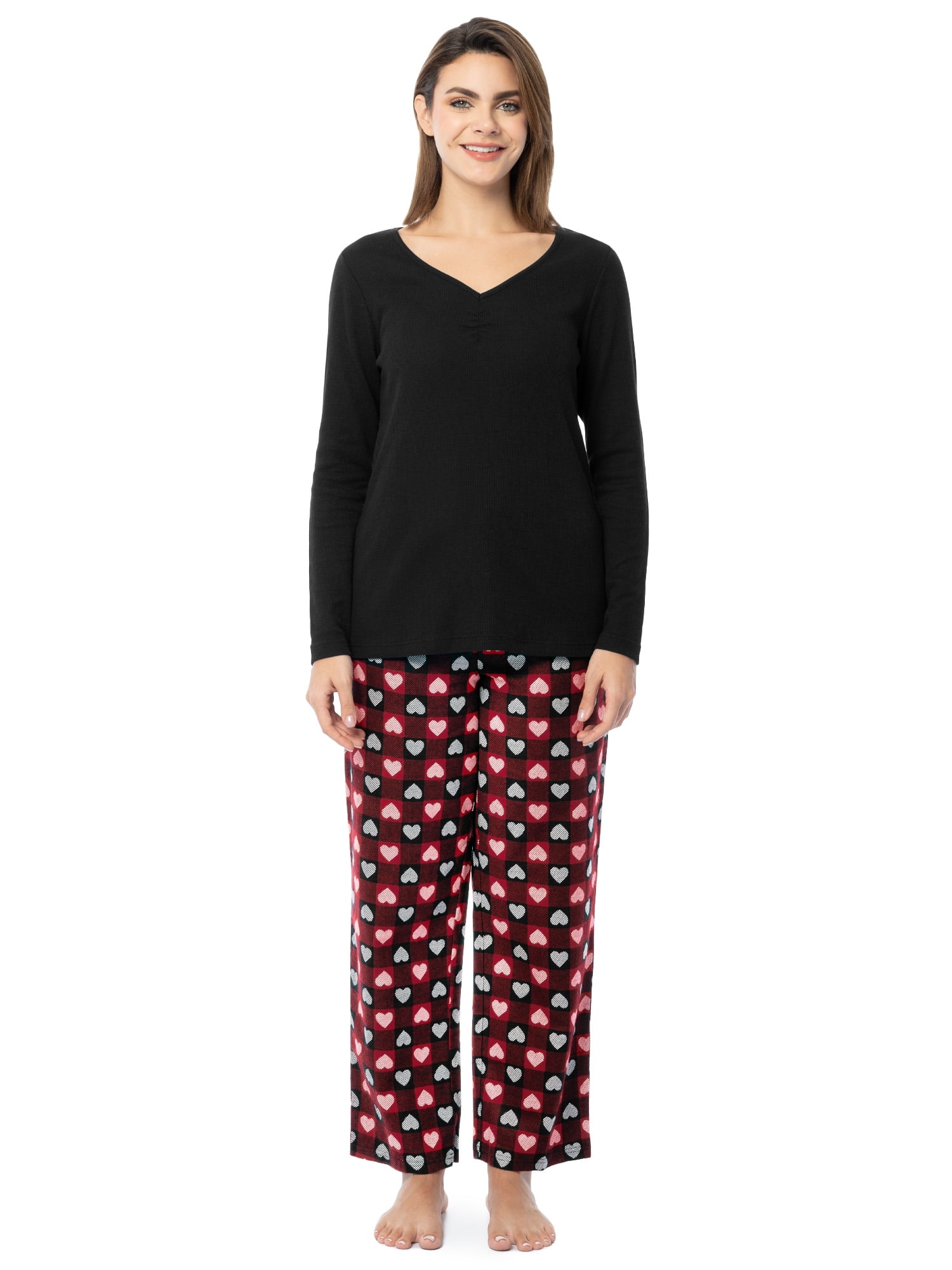 Fruit of the Loom Women's Beyond Soft Long Sleeve Waffle Top and Flannel Bottom Pajama Set, Sizes S-4X
