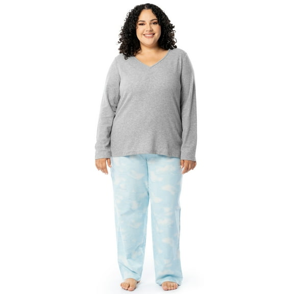 Fruit of the Loom Women's Beyond Soft Long Sleeve Waffle Top and Flannel Bottom Pajama Set, Sizes S-4X