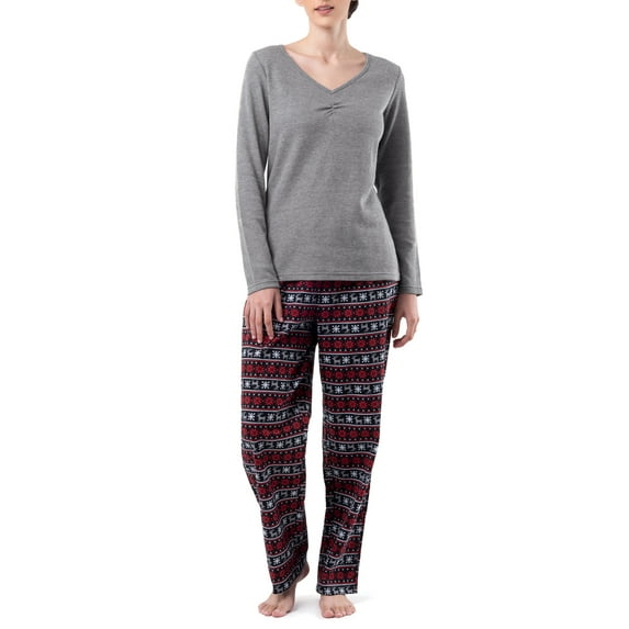 Fruit of the Loom Women's Beyond Soft Long Sleeve Waffle Top and Flannel Bottom Pajama Set, Sizes S-4X