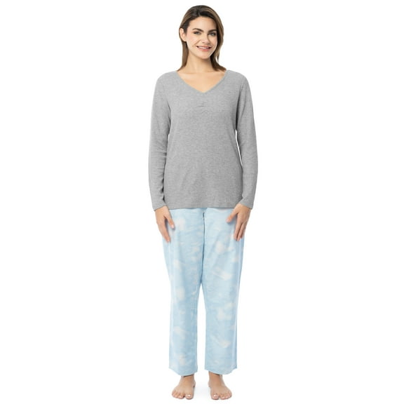 Fruit of the Loom Women's Beyond Soft Long Sleeve Waffle Top and Flannel Bottom Pajama Set, Sizes S-4X