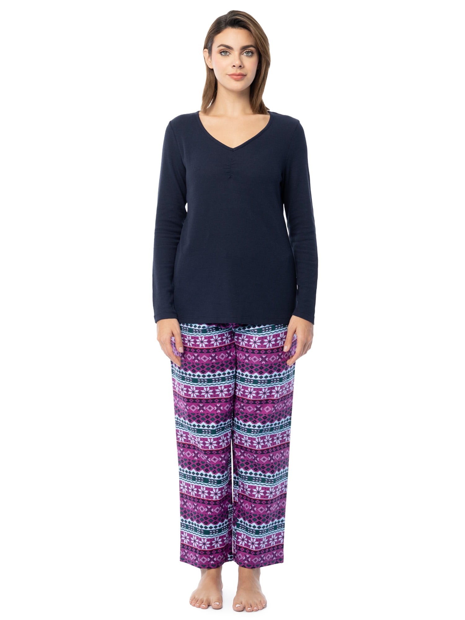 Fruit of the Loom Women's Beyond Soft Long Sleeve Waffle Top and Flannel Bottom Pajama Set, Sizes S-4X