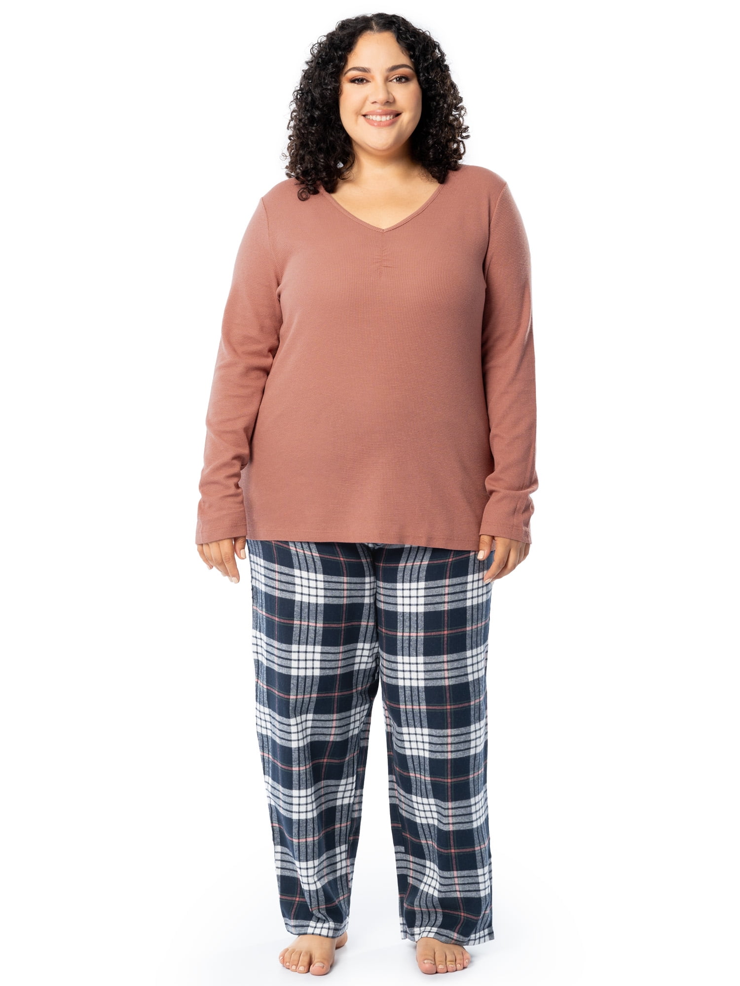 Fruit of the Loom Women's Beyond Soft Long Sleeve Waffle Top and Flannel Bottom Pajama Set, Sizes S-4X