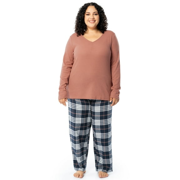 Fruit of the Loom Women's Beyond Soft Long Sleeve Waffle Top and Flannel Bottom Pajama Set, Sizes S-4X
