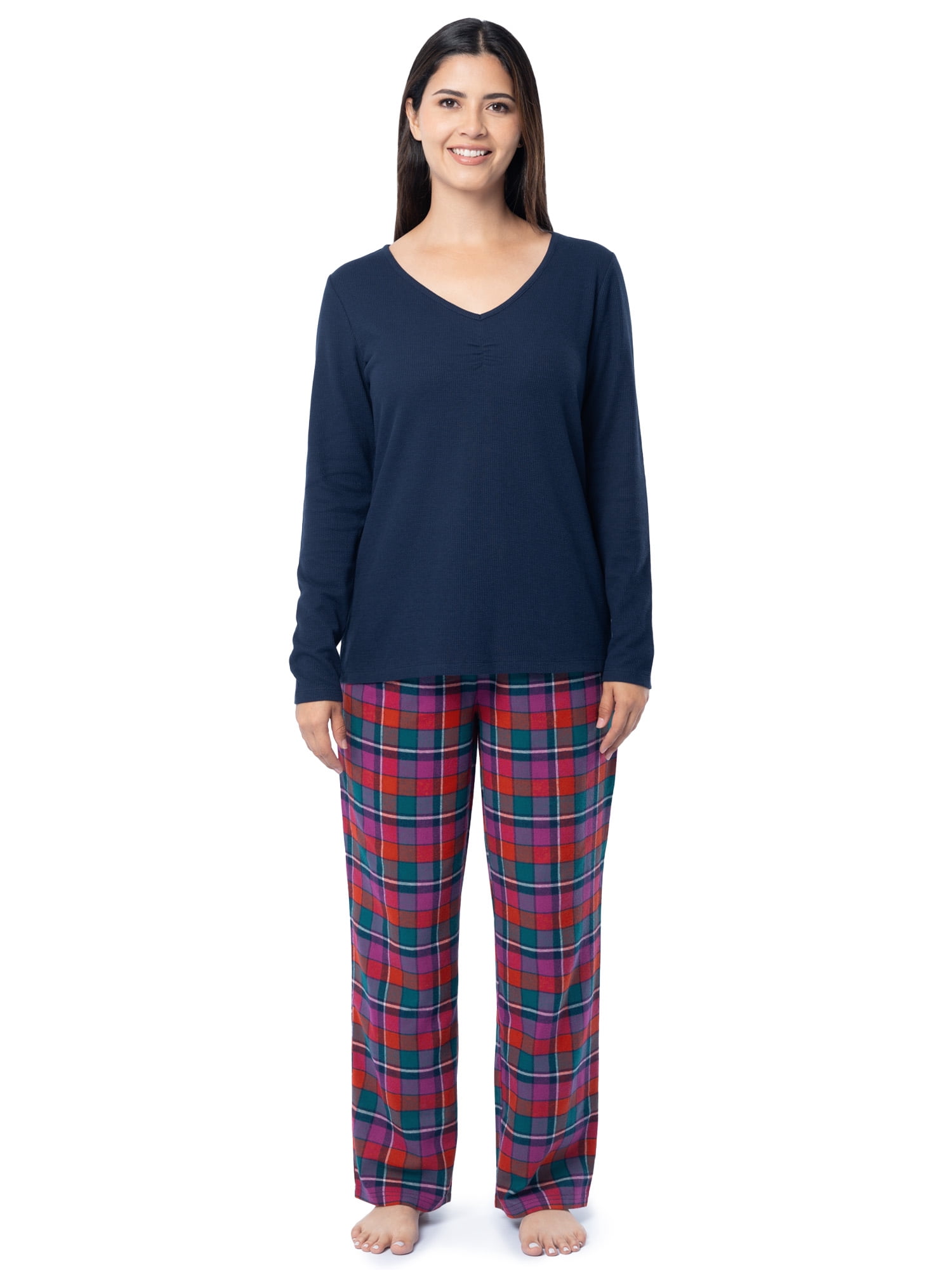 Fruit of the Loom Women's Beyond Soft Long Sleeve Waffle Top and Flannel Bottom Pajama Set, Sizes S-4X