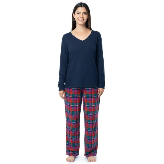 Fruit of the Loom Women's Beyond Soft Long Sleeve Waffle Top and Flannel Bottom Pajama Set, Sizes S-4X