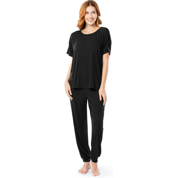 Fruit of the Loom Women's Breathable Short Sleeve Top and Jogger Pant Sleep Pajama Set, Black, 2X