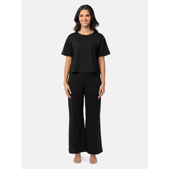 Fruit of the Loom Women's Soft and Breathable Short Sleeve Boxy Top and Wide Leg Pajama Set, Sizes S-4X
