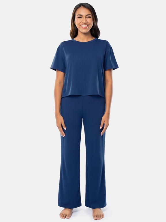 Women's Soft and Breathable Short Sleeve Boxy Top and Wide Leg Pajama Set, Sizes S-4X