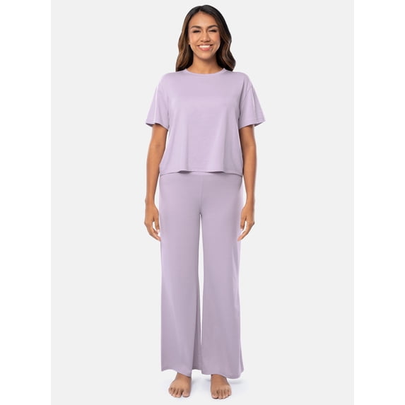 Fruit of the Loom Women's Soft and Breathable Short Sleeve Boxy Top and Wide Leg Pajama Set, Sizes S-4X
