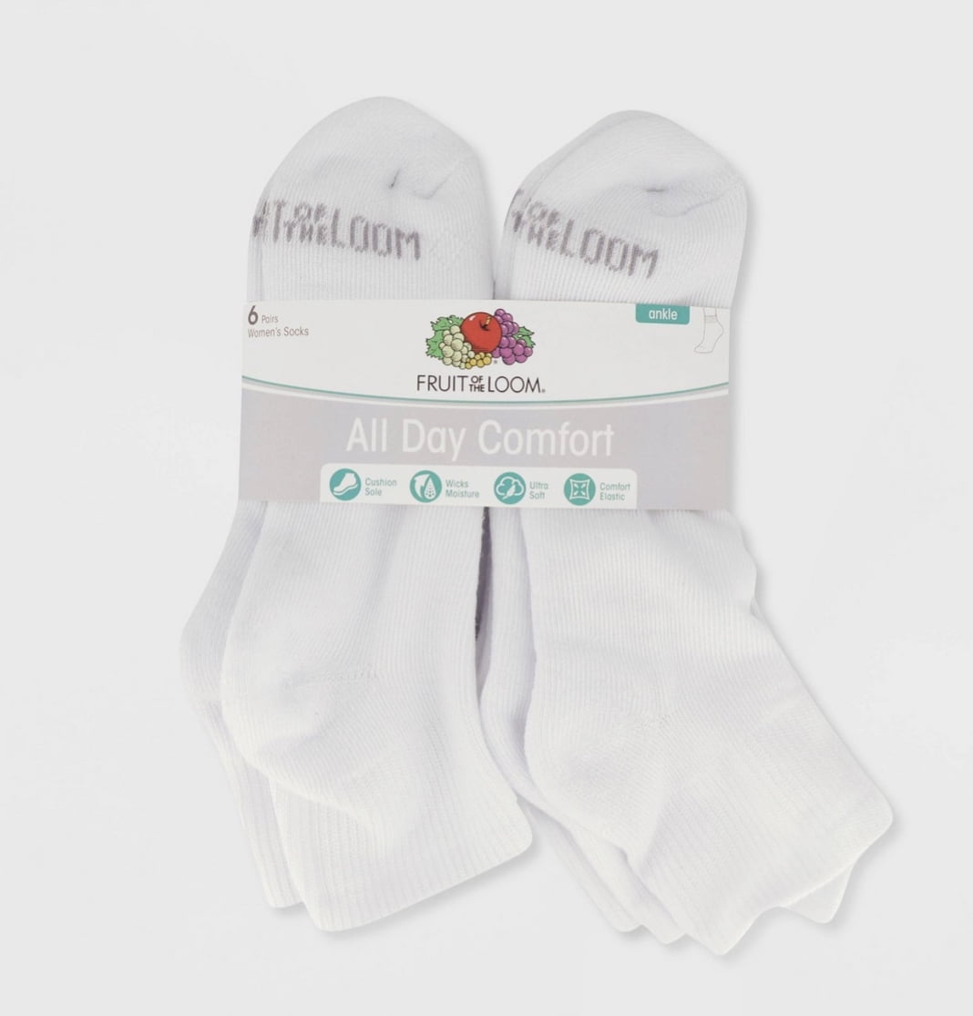 Fruit of the Loom Women's Extended Size Cushioned 6pk Ankle Athletic Socks,  WHITE, 8-12