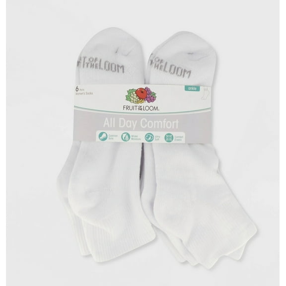 Fruit of the Loom Women's Extended Size Cushioned 6pk Ankle Athletic Socks, WHITE, 8-12