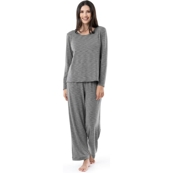 Fruit of the Loom Women's Long Sleeve Tee and Pant 2 Piece Sleep Set, Heather Grey, 2X