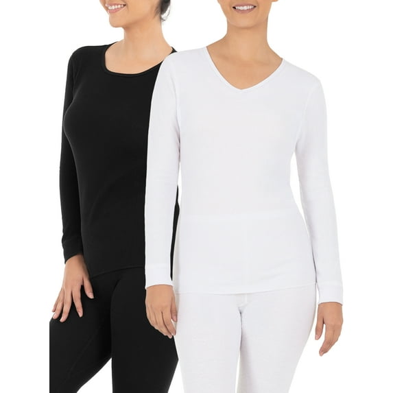 Fruit of the Loom Women's Long Underwear Waffle Crew and V-Neck Thermal Top, 2-Pack