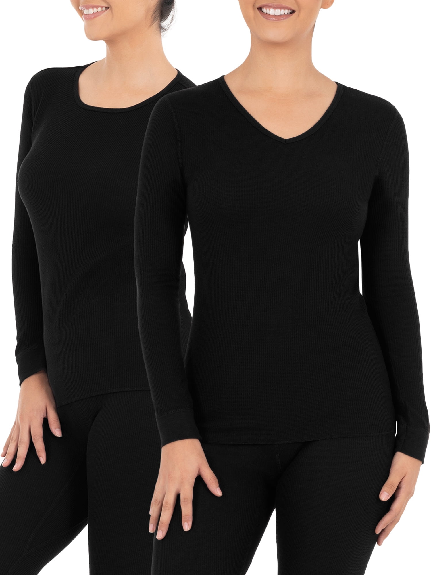 Fruit of the Loom Women's Long Underwear Waffle Crew and V-Neck Thermal Top,  2-Pack 