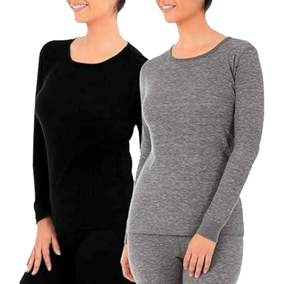 Fruit of the Loom Women's Micro Waffle Premium Thermal Underwear Tee Shirt, Black/Smoke Heather, 1X