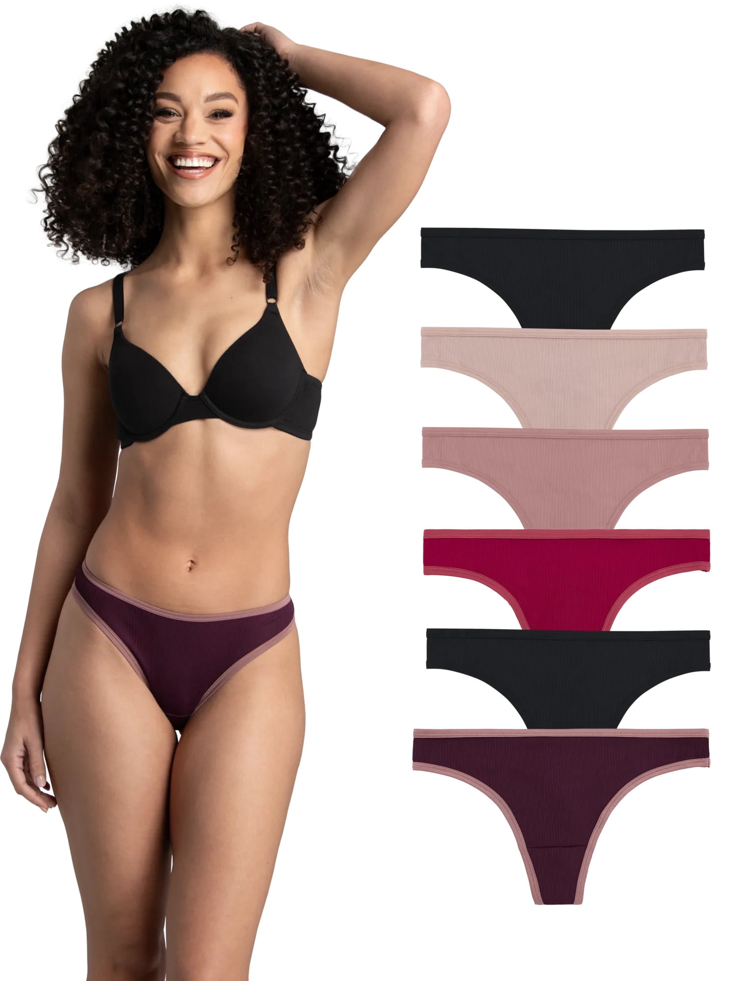 Fruit of the Loom Women's Microfiber Ribbed Thong Underwear 6-Pack