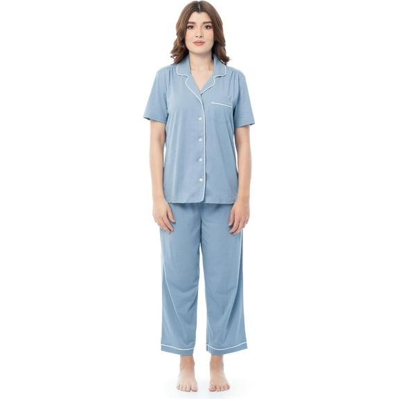 Fruit of the Loom Women's Pipped Button Down Sleep Set, Ashley Blue, X-Large