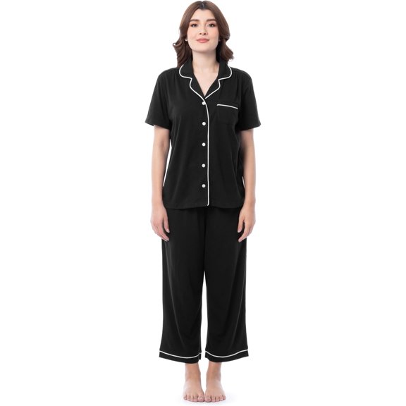 Fruit of the Loom Women's Pipped Button Down Sleep Set, Black, 4X