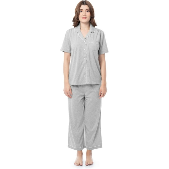 Fruit of the Loom Women's Pipped Button Down Sleep Set, Light Grey Heather, Small