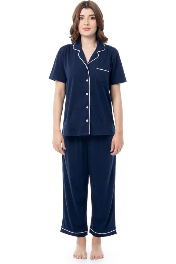 Women's Pipped Button Down Sleep Set, Navy, 3X