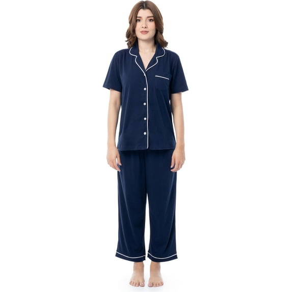 Fruit of the Loom Women's Pipped Button Down Sleep Set, Navy, X-Large