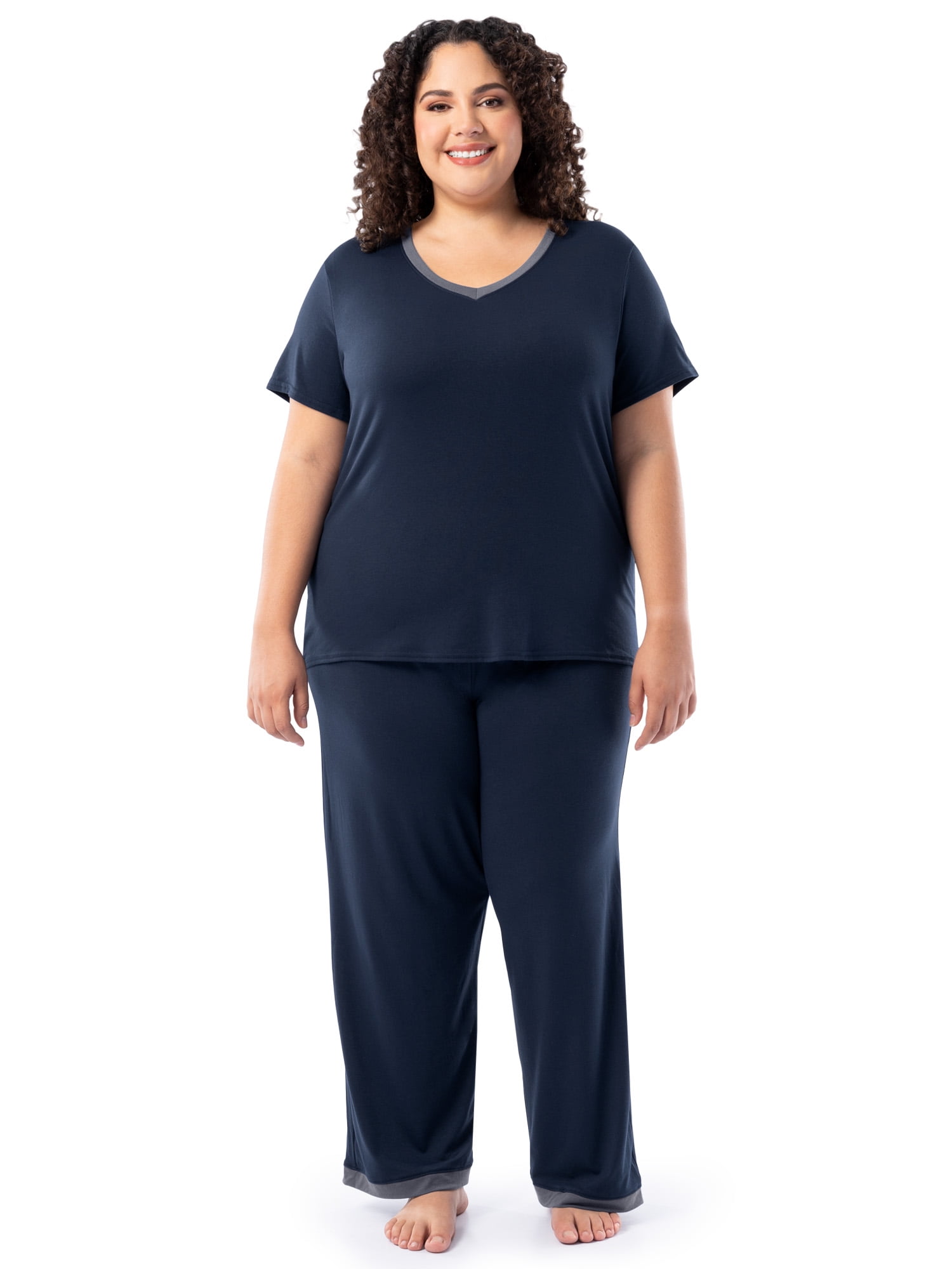 Fruit of the Loom Women's Soft & Breathable V-Neck Short Sleeve Top & Pajama Pant Set, Sizes S-4X