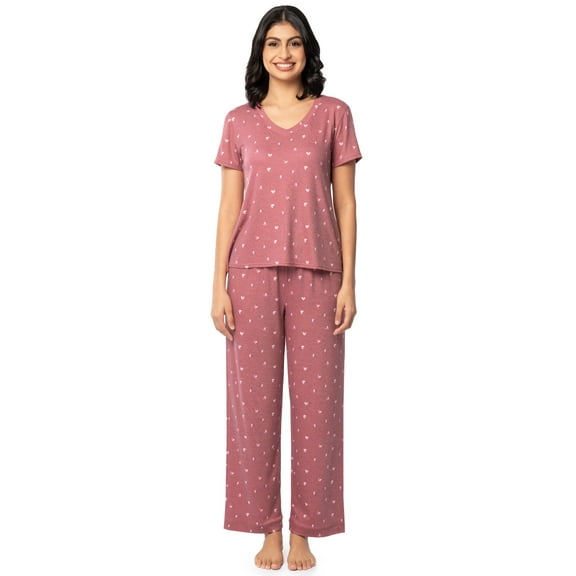 Fruit of the Loom Women's Soft & Breathable V-Neck Short Sleeve Top & Pajama Pant Set, Sizes S-4X