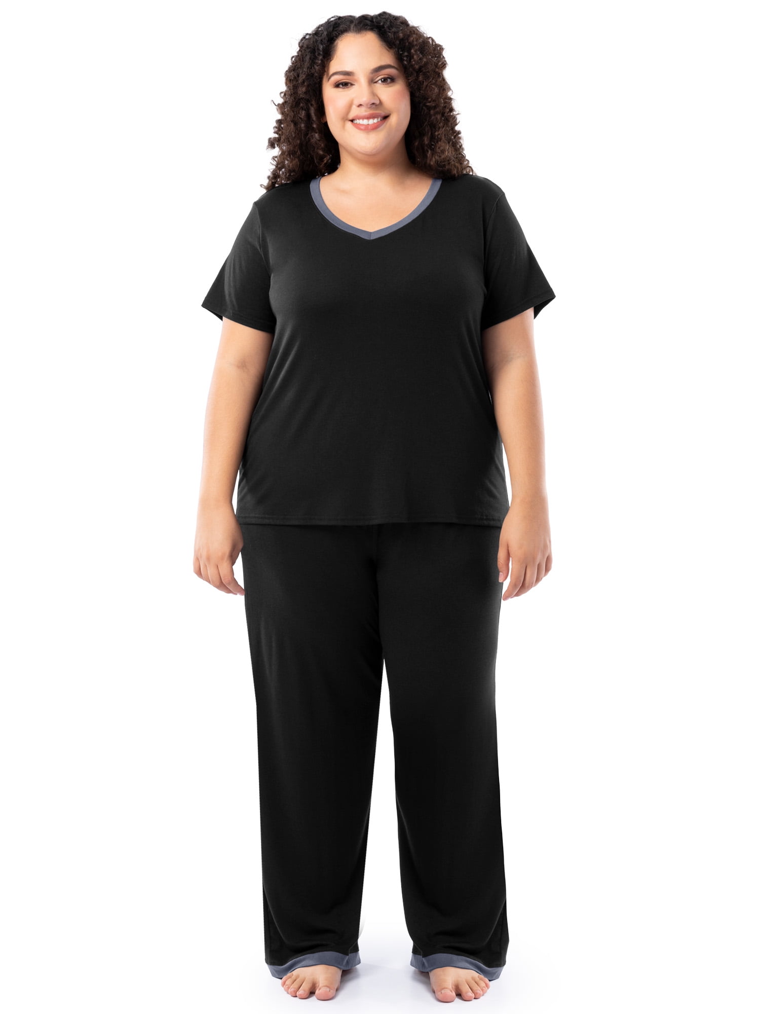 Fruit of the Loom Women's Soft & Breathable V-Neck Short Sleeve Top & Pajama Pant Set, Sizes S-4X
