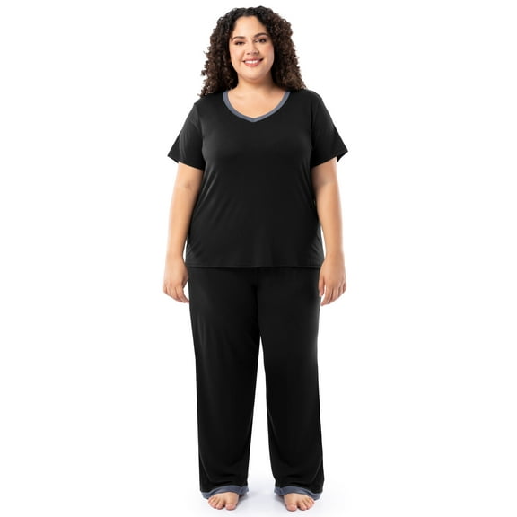 Fruit of the Loom Women's Soft & Breathable V-Neck Short Sleeve Top & Pajama Pant Set, Sizes S-4X