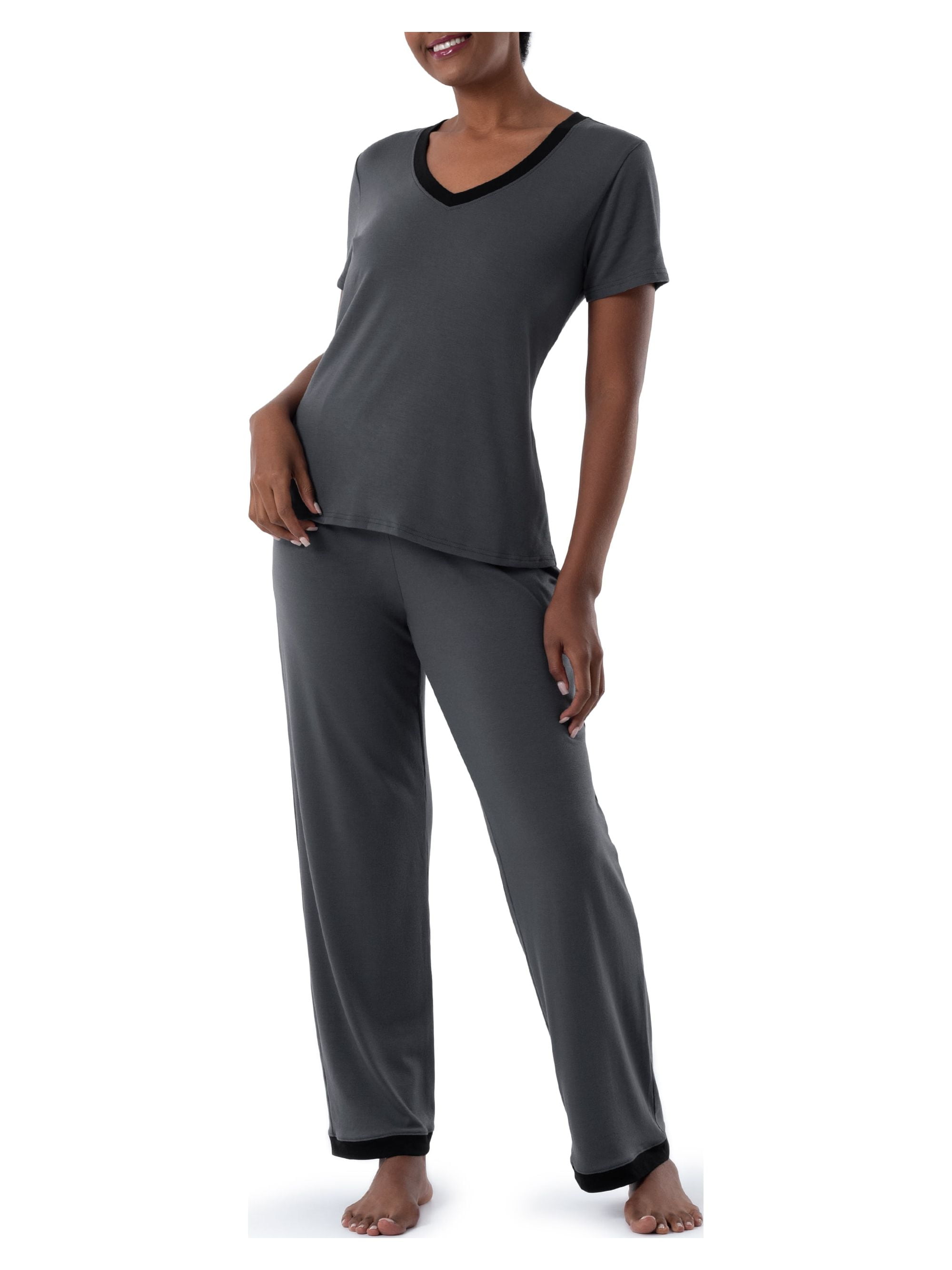 Fruit of the Loom Women's Soft & Breathable V-Neck Short Sleeve Top & Pajama Pant Set, Sizes S-4X