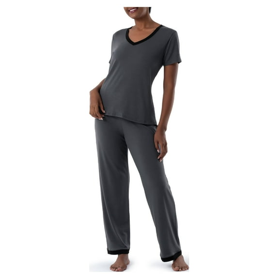 Fruit of the Loom Women's Soft & Breathable V-Neck Short Sleeve Top & Pajama Pant Set, Sizes S-4X