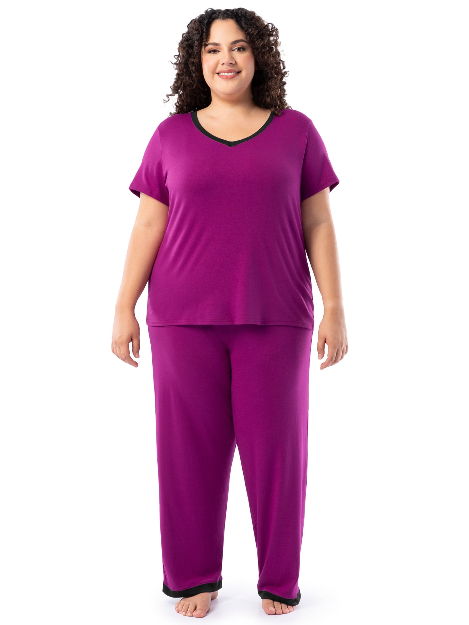 Fruit of the Loom Women's Soft & Breathable V-Neck Short Sleeve Top & Pajama Pant Set, Sizes S-4X