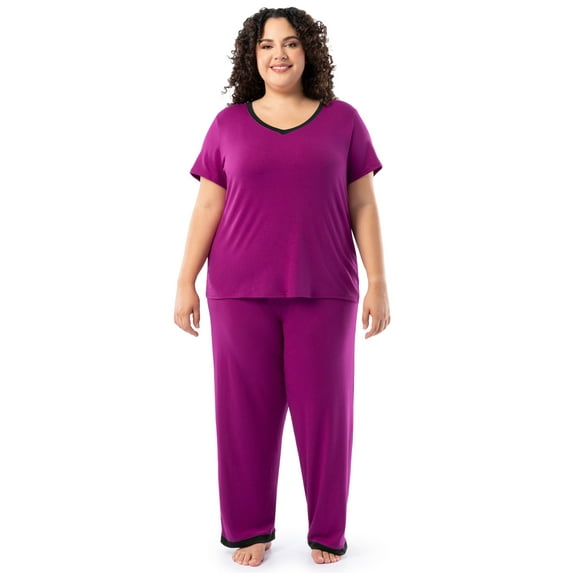 Fruit of the Loom Women's Soft & Breathable V-Neck Short Sleeve Top & Pajama Pant Set, Sizes S-4X