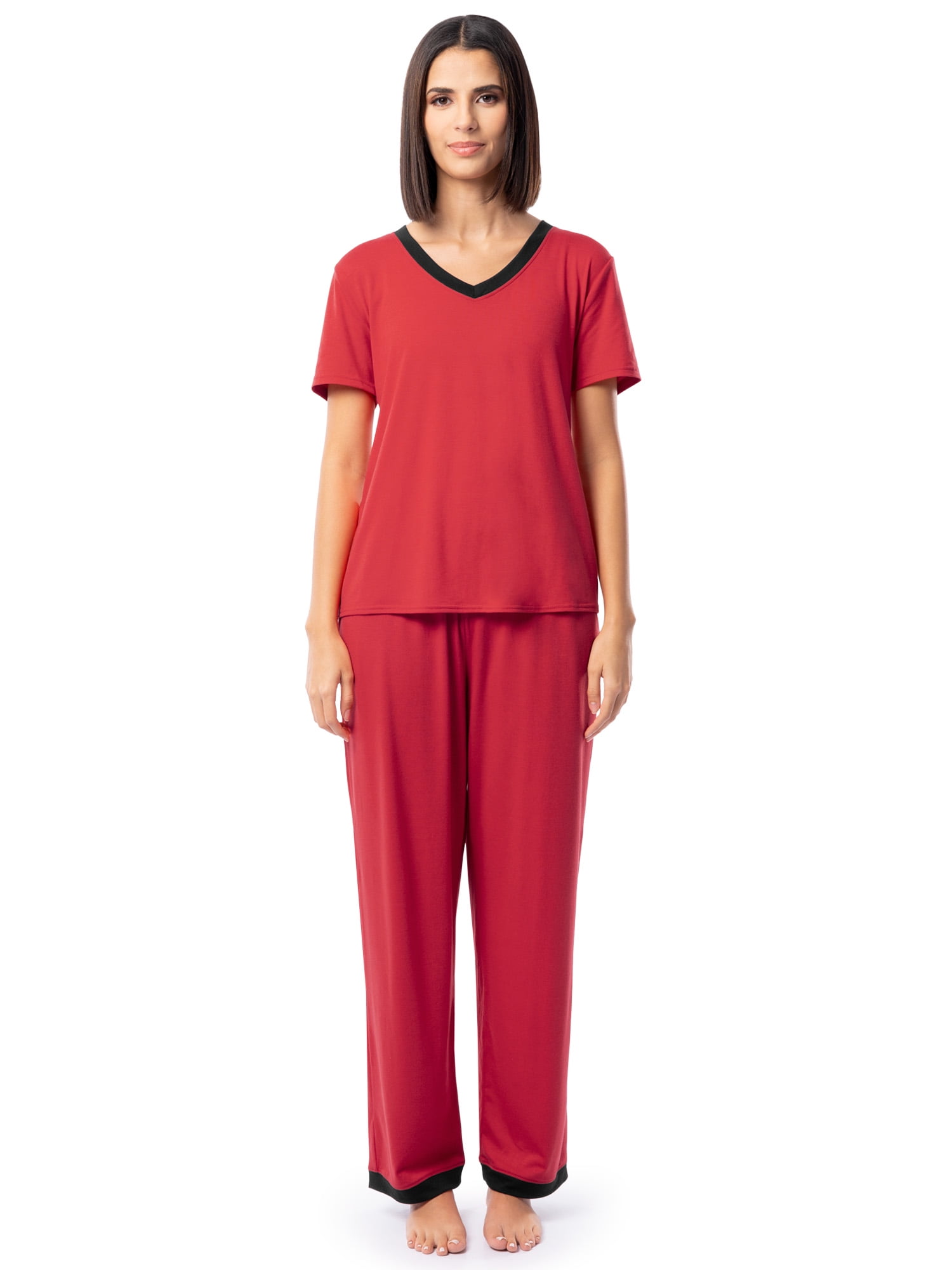 Fruit of the Loom Women's Soft & Breathable V-Neck Short Sleeve Top & Pajama Pant Set, Sizes S-4X