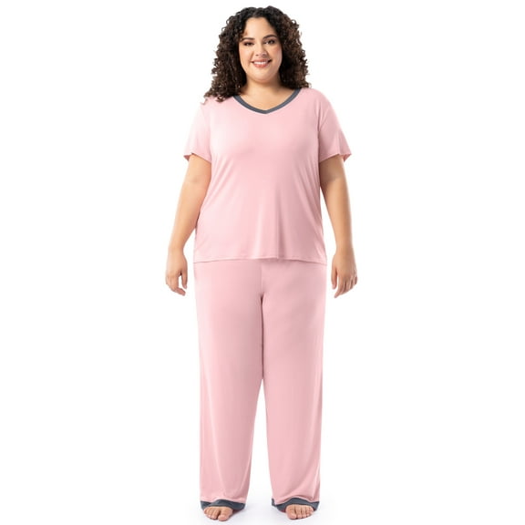 Fruit of the Loom Women's Soft & Breathable V-Neck Short Sleeve Top & Pajama Pant Set, Sizes S-4X