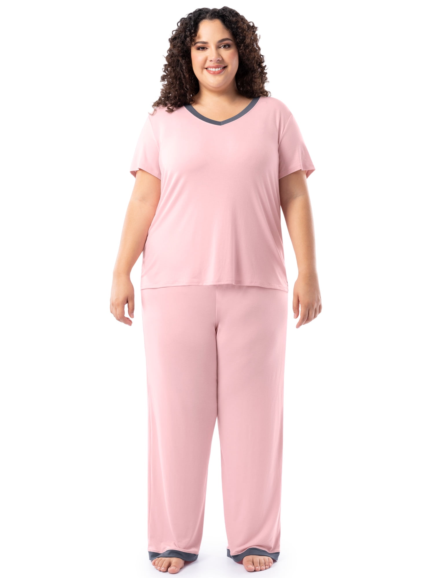 Fruit of the Loom Women's Soft & Breathable V-Neck Short Sleeve Top & Pajama Pant Set, Sizes S-4X