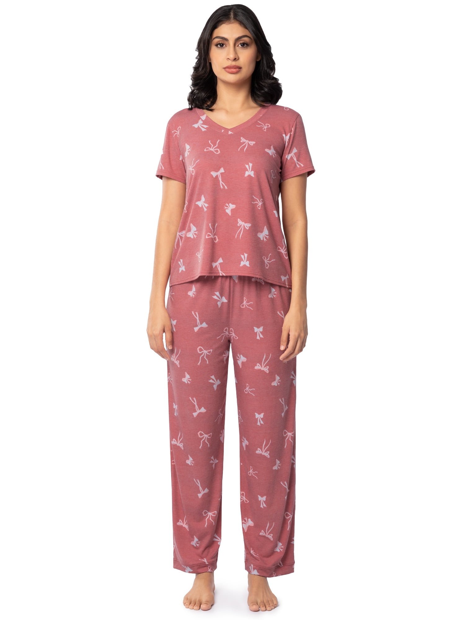 Fruit of the Loom Women's Soft & Breathable V-Neck Short Sleeve Top & Pajama Pant Set, Sizes S-4X