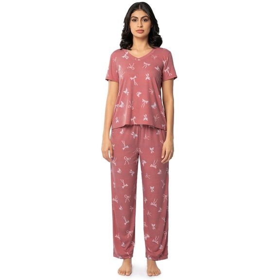 Fruit of the Loom Women's Soft & Breathable V-Neck Short Sleeve Top & Pajama Pant Set, Sizes S-4X