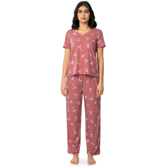 Fruit of the Loom Women's Soft & Breathable V-Neck Short Sleeve Top & Pajama Pant Set, Sizes S-4X