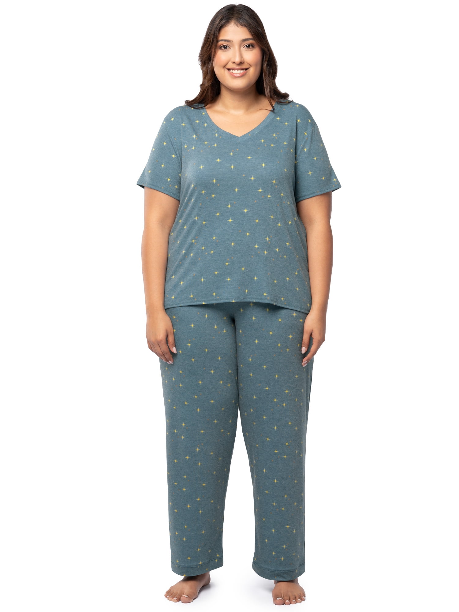 Fruit of the Loom Women's Soft & Breathable V-Neck Short Sleeve Top & Pajama Pant Set, Sizes S-4X